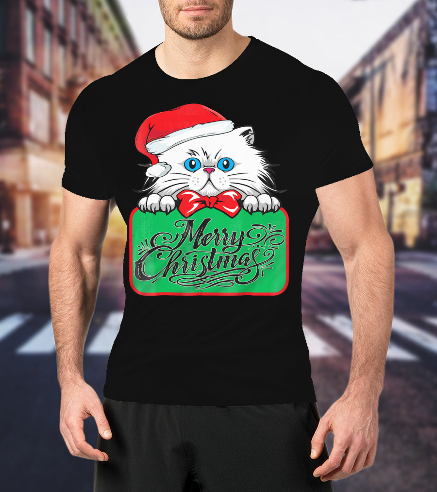 Merry Christmas Cute Cat With Santa Hat And Bow Tie T-Shirt