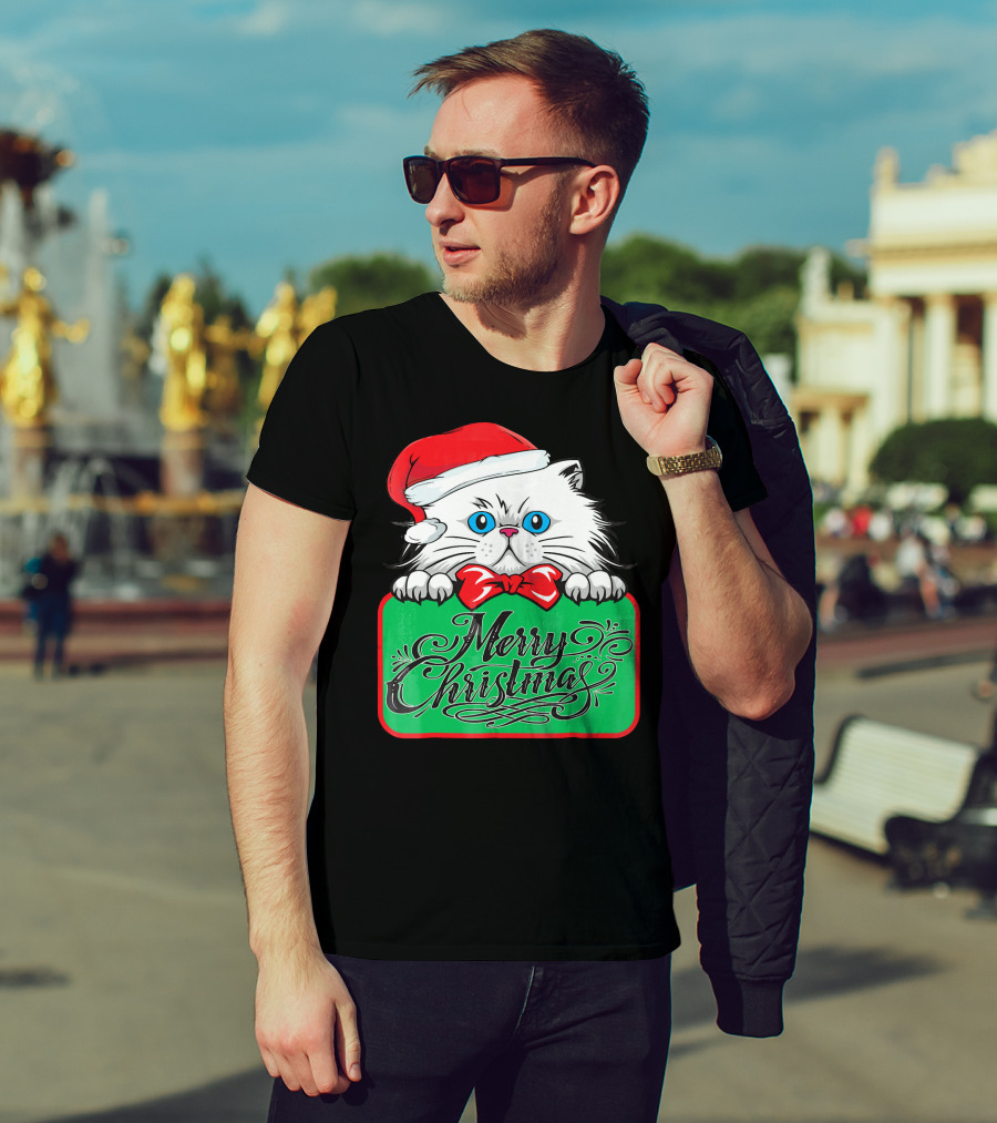 Merry Christmas Cute Cat With Santa Hat And Bow Tie T-Shirt
