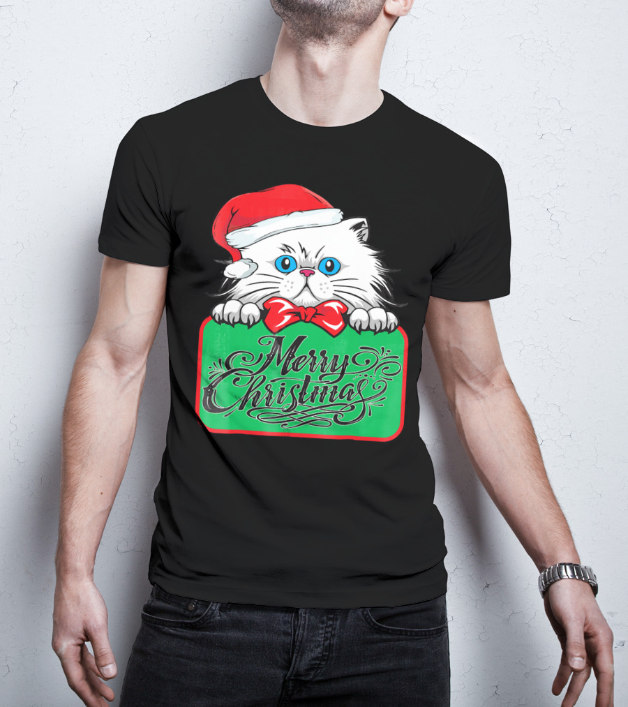 Merry Christmas Cute Cat With Santa Hat And Bow Tie T-Shirt