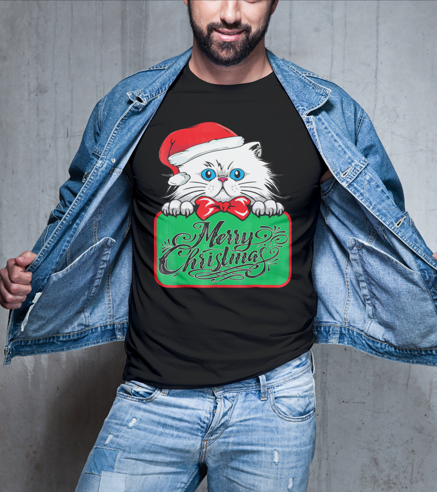 Merry Christmas Cute Cat With Santa Hat And Bow Tie T-Shirt