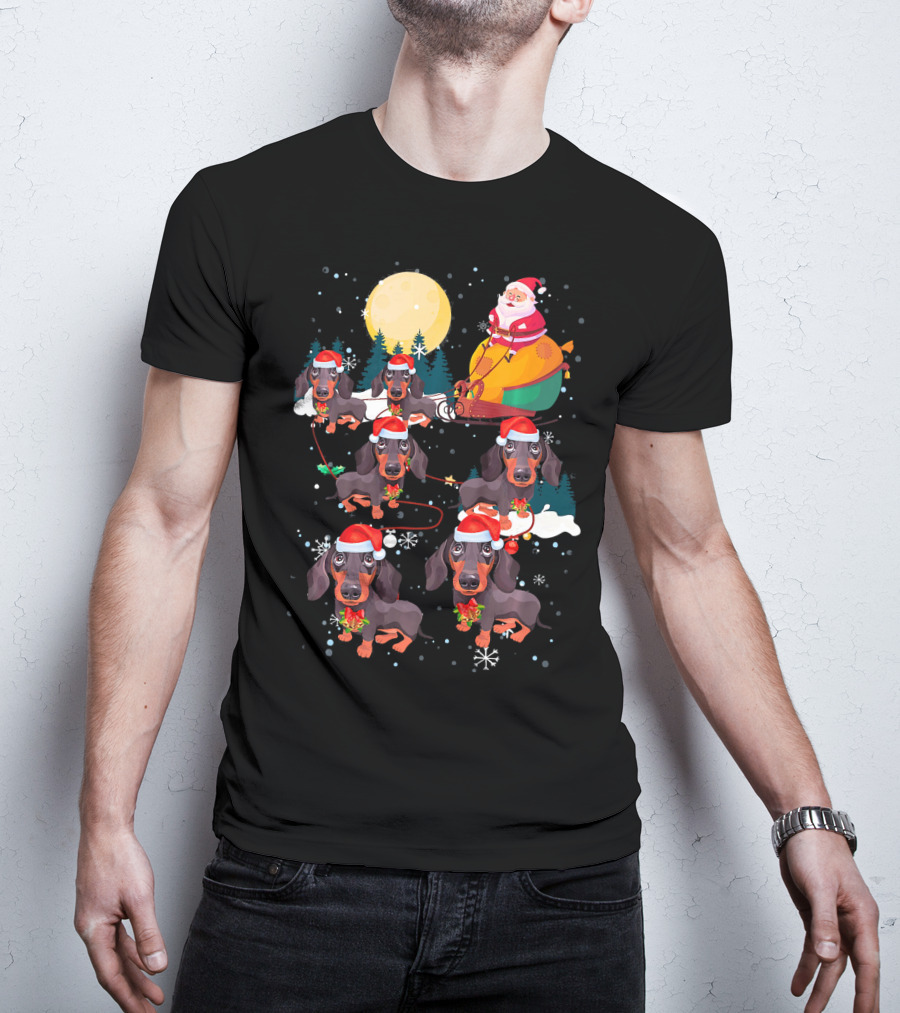 Santa Riding Sleigh With Dachshund Reindeer Under Full Moon T-Shirt