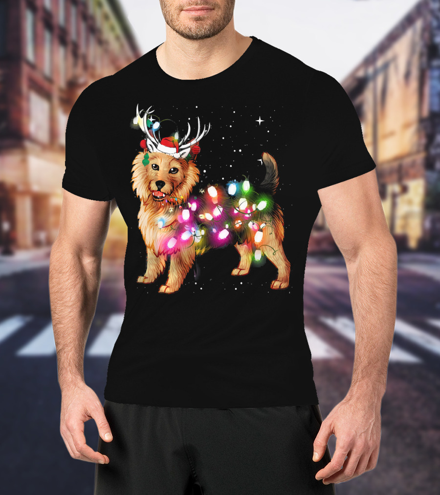 Australian Terrier With Christmas Lights And Reindeer Antlers T-Shirt