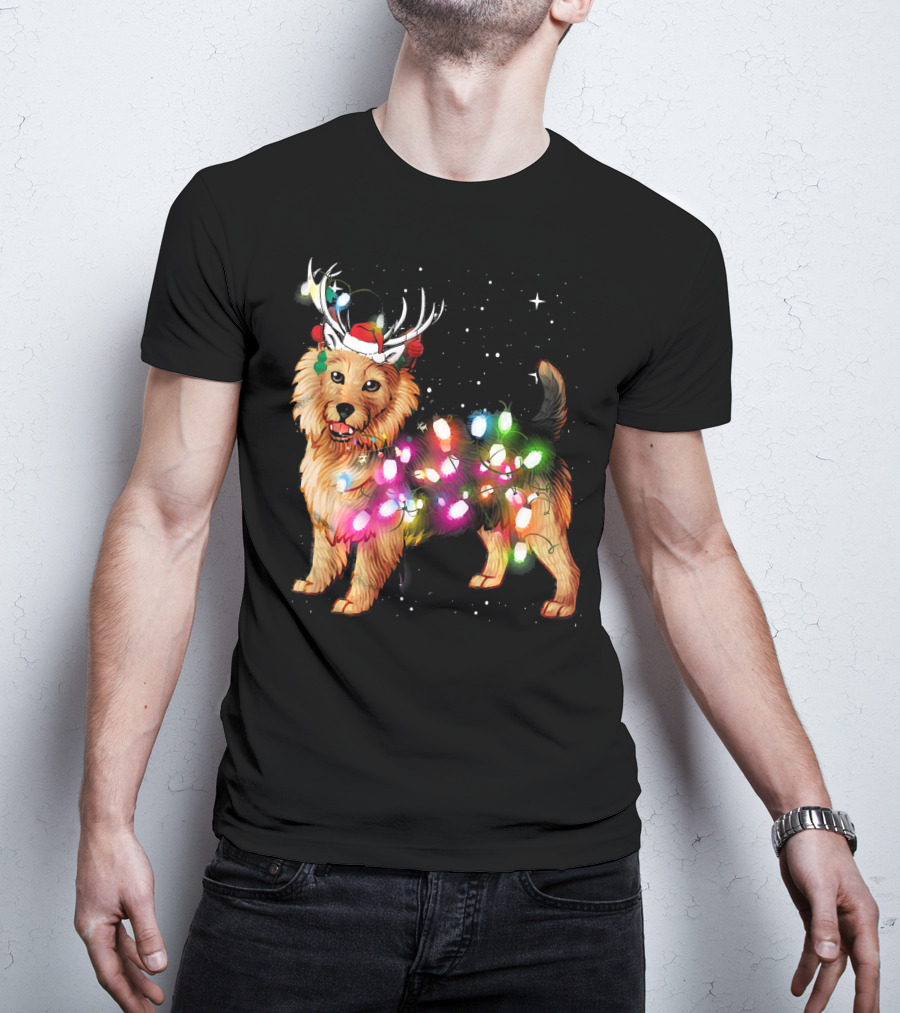 Australian Terrier With Christmas Lights And Reindeer Antlers T-Shirt