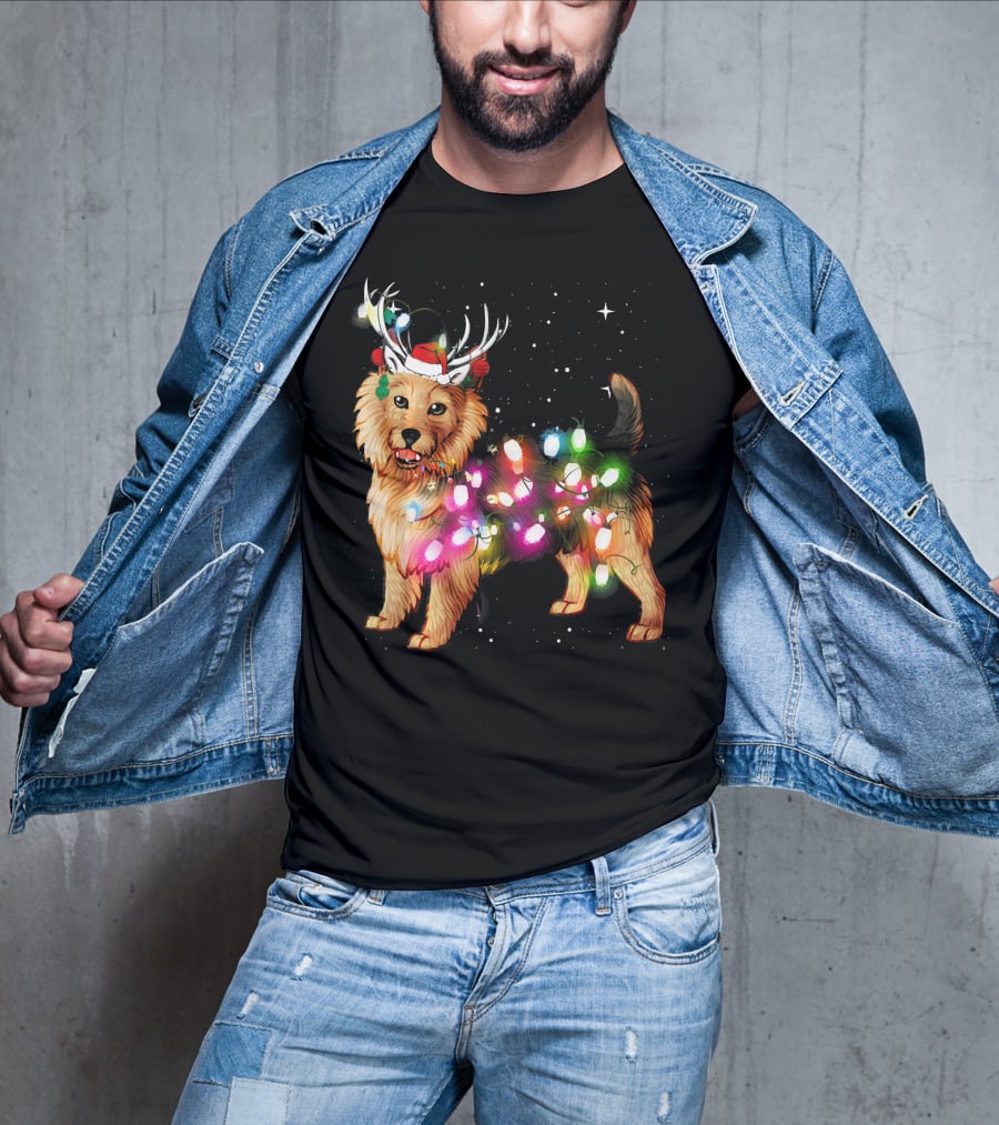 Australian Terrier With Christmas Lights And Reindeer Antlers T-Shirt