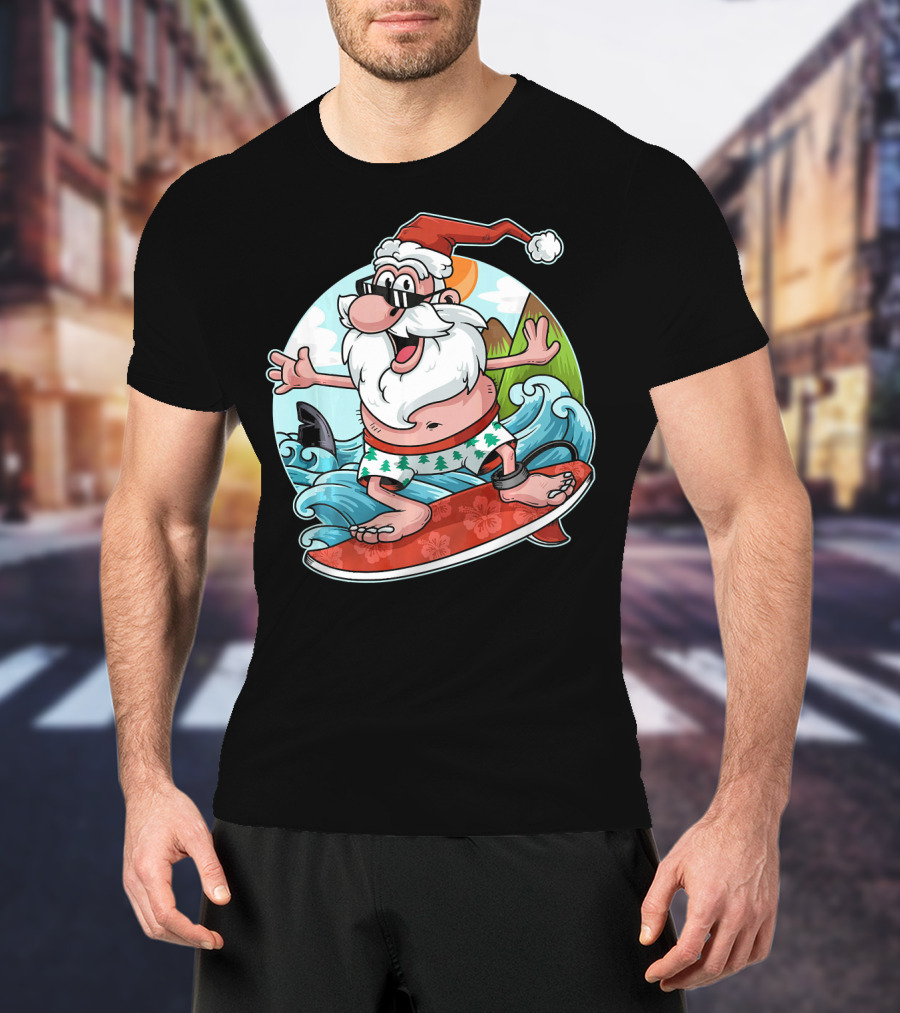 Surfing Santa Riding Waves Christmas In July Tropical Fun T-Shirt