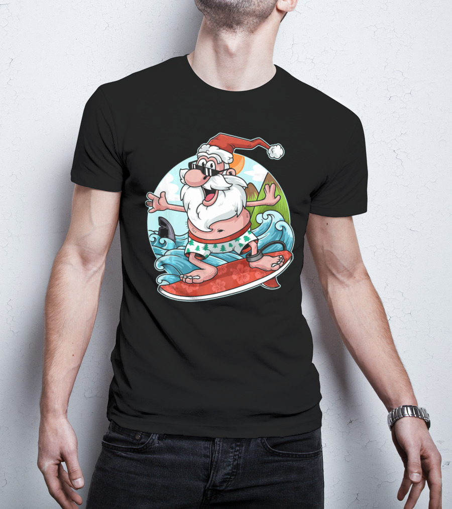 Surfing Santa Riding Waves Christmas In July Tropical Fun T-Shirt