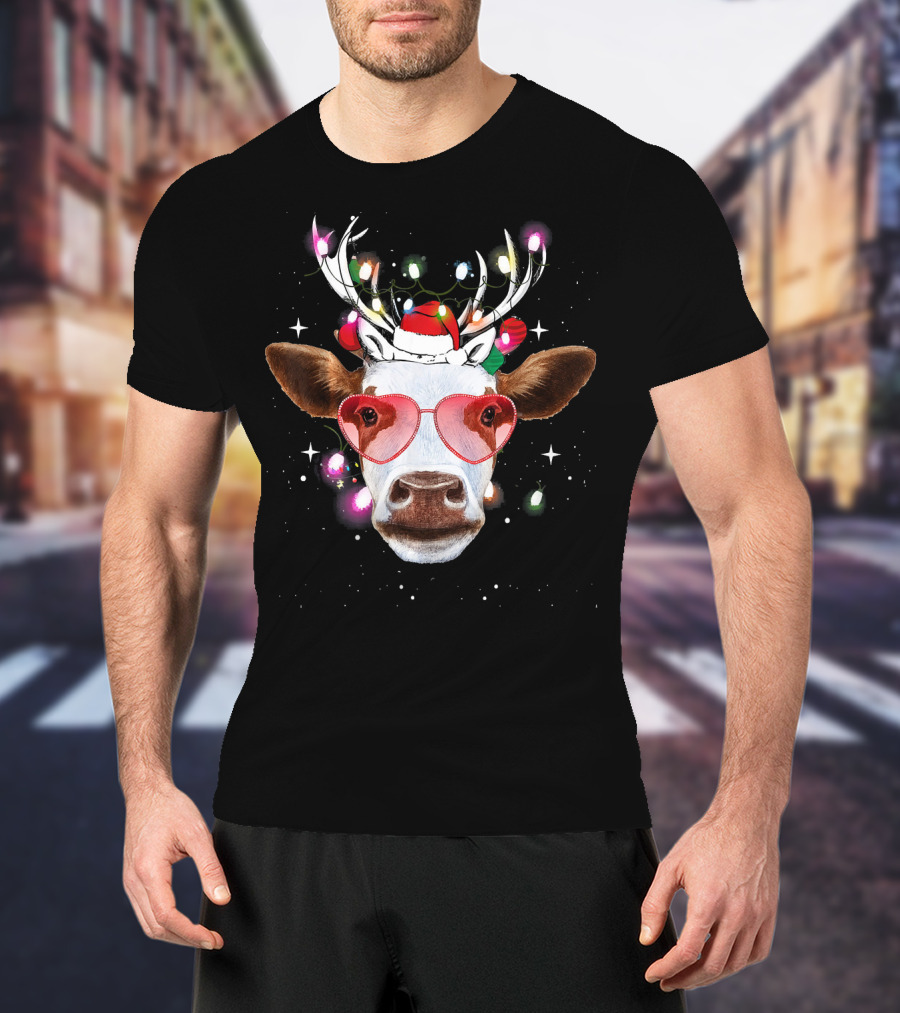 Cow With Antlers Heart Glasses And Christmas Lights T-Shirt