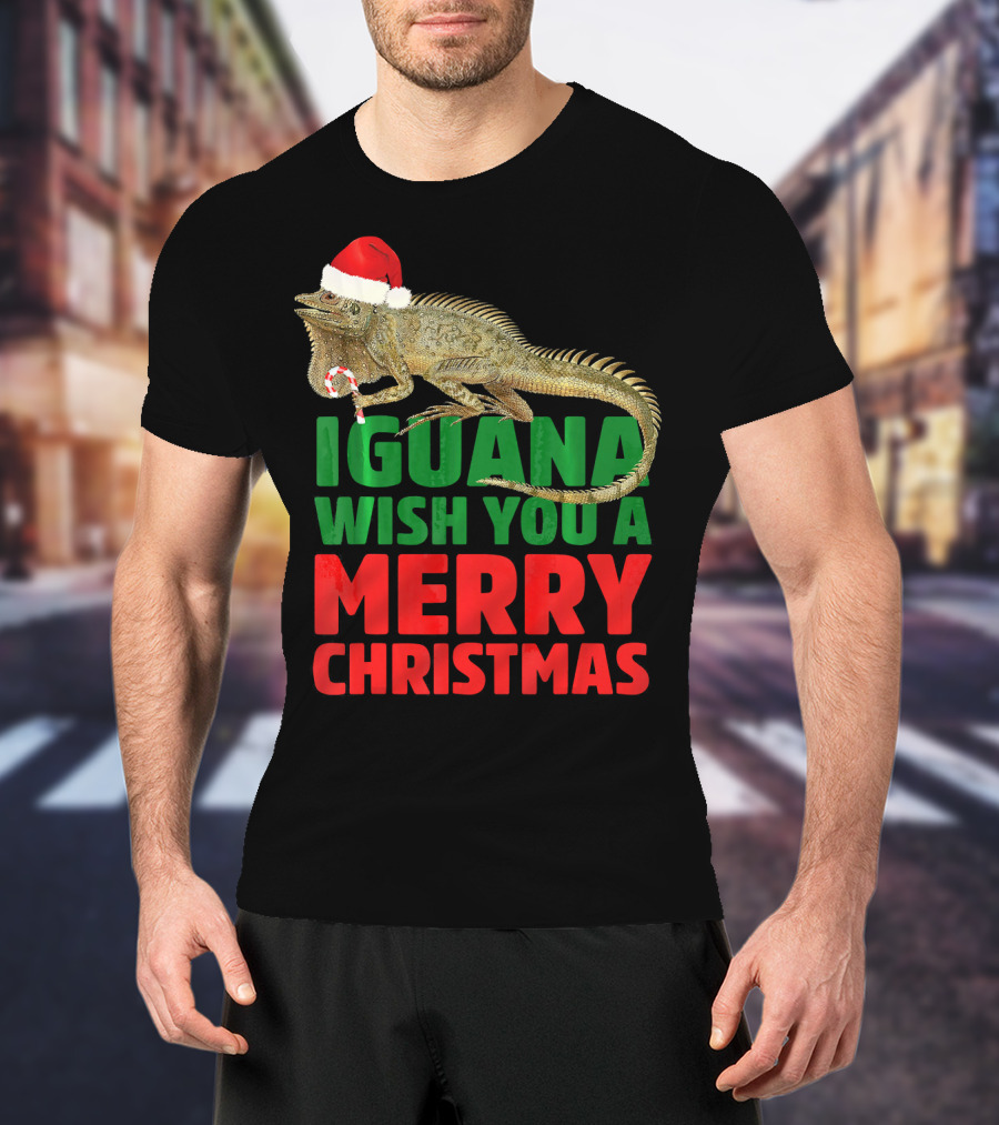 Iguana Wish You A Merry Christmas Santa Hat Candy Cane T-Shirt