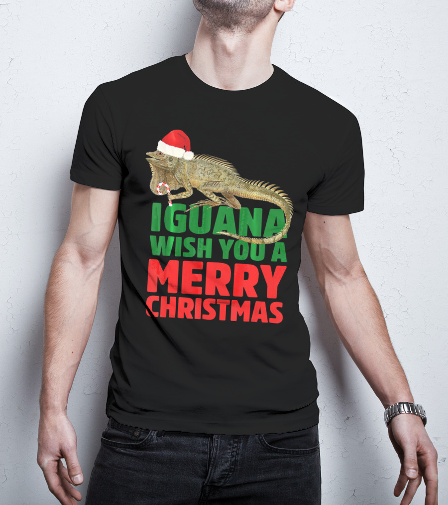 Iguana Wish You A Merry Christmas Santa Hat Candy Cane T-Shirt