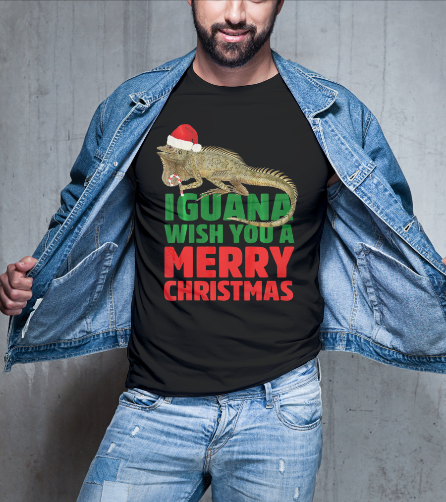 Iguana Wish You A Merry Christmas Santa Hat Candy Cane T-Shirt
