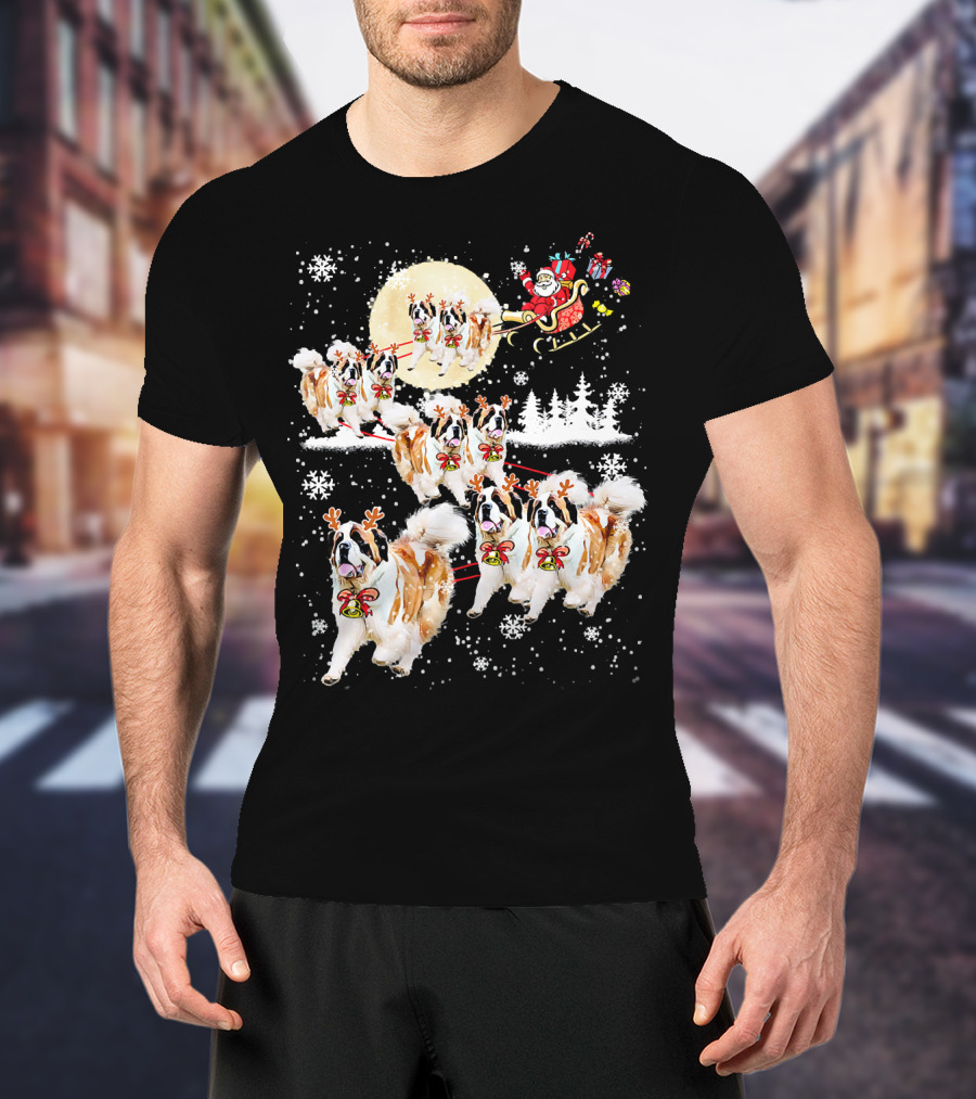 St Bernard Reindeer Christmas Santa Sleigh Nice Dog T-Shirt