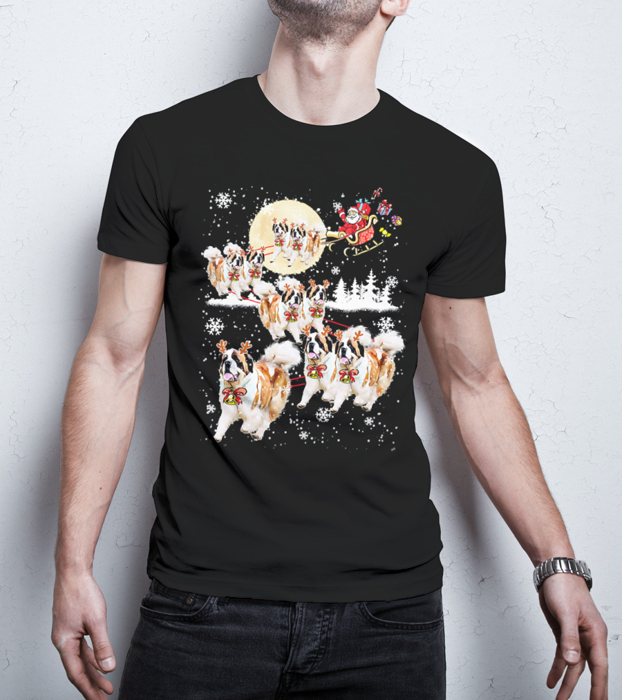 St Bernard Reindeer Christmas Santa Sleigh Nice Dog T-Shirt