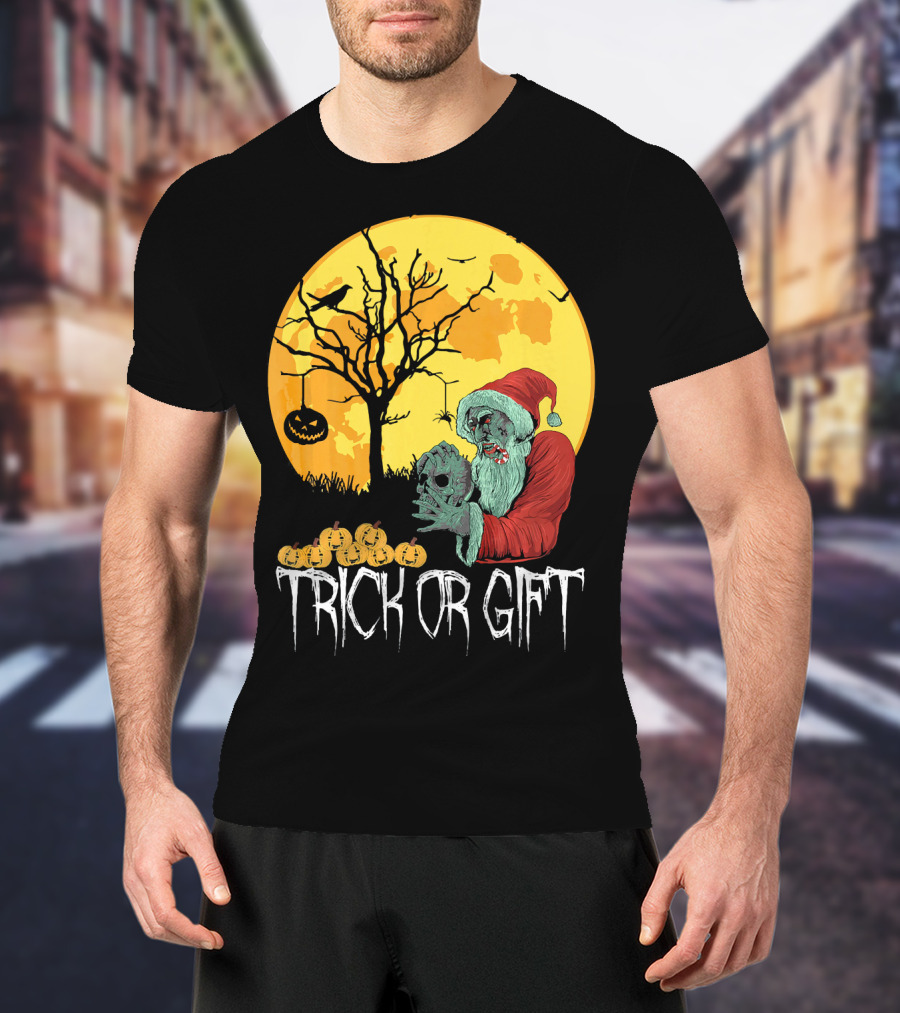 Trick Or Scary Gift Santa Moon Pumpkin Scene T-Shirt