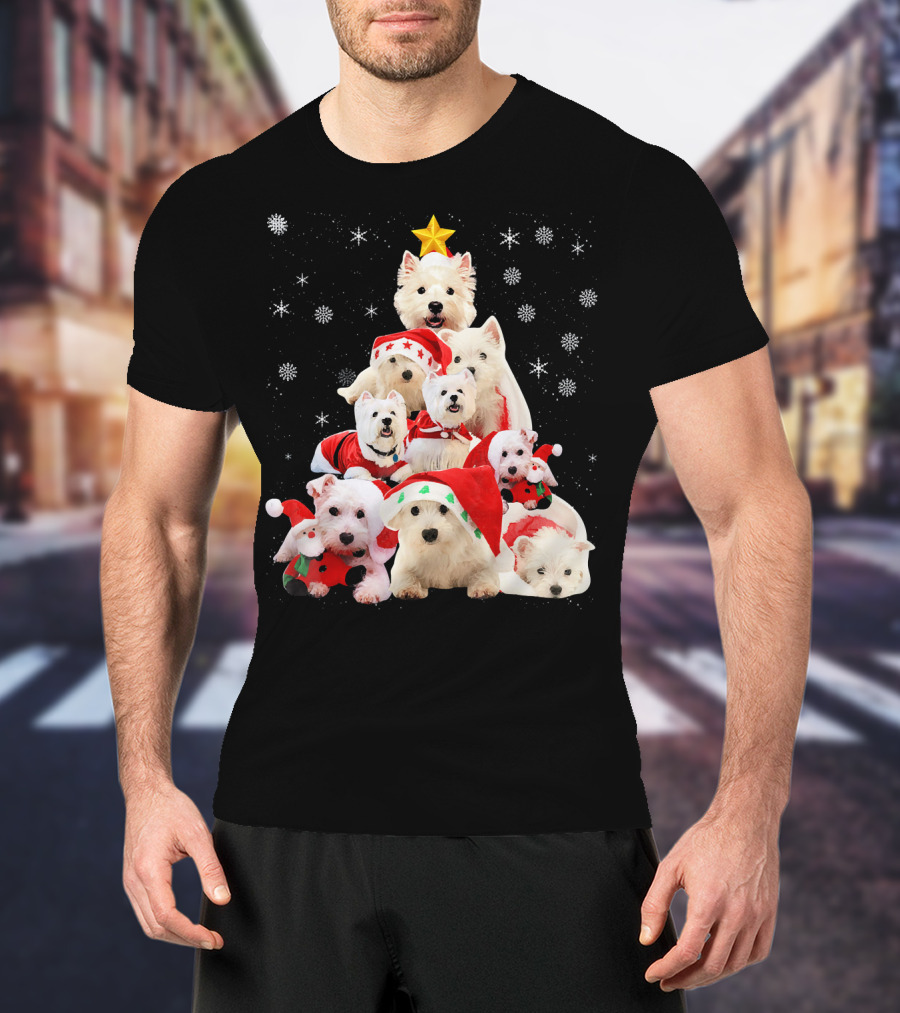 Westie Dogs In Holiday Hats Forming Christmas Tree With Snowflakes And Star T-Shirt