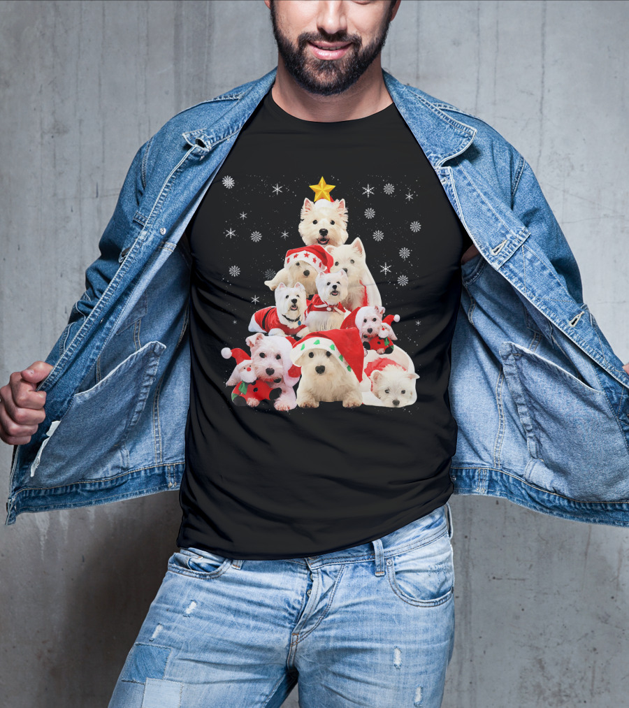 Westie Dogs In Holiday Hats Forming Christmas Tree With Snowflakes And Star T-Shirt