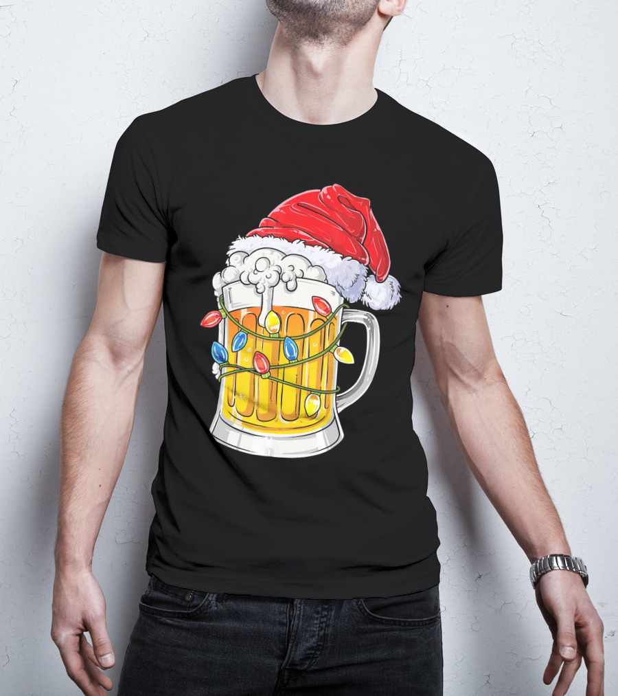 Beer Mug With Santa Hat And Christmas Lights T-Shirt