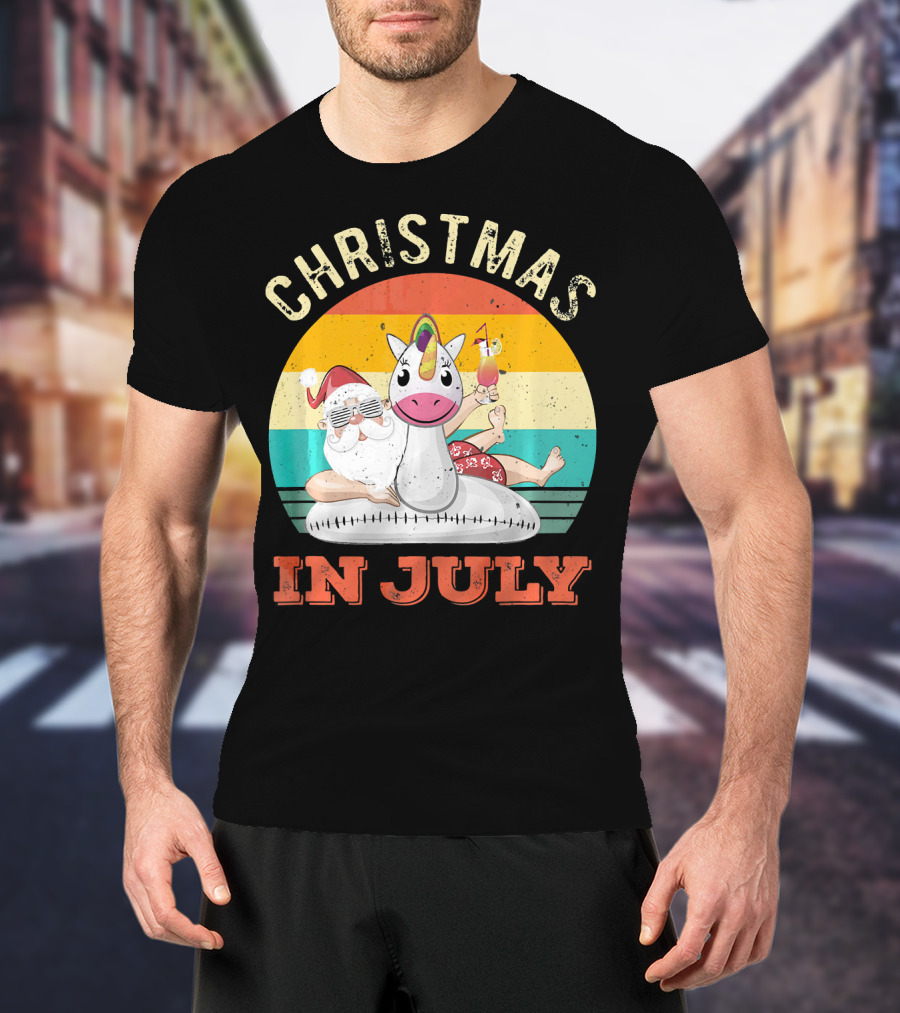 Christmas In July Vintage Santa With Inflatable Unicorn And Drink T-Shirt