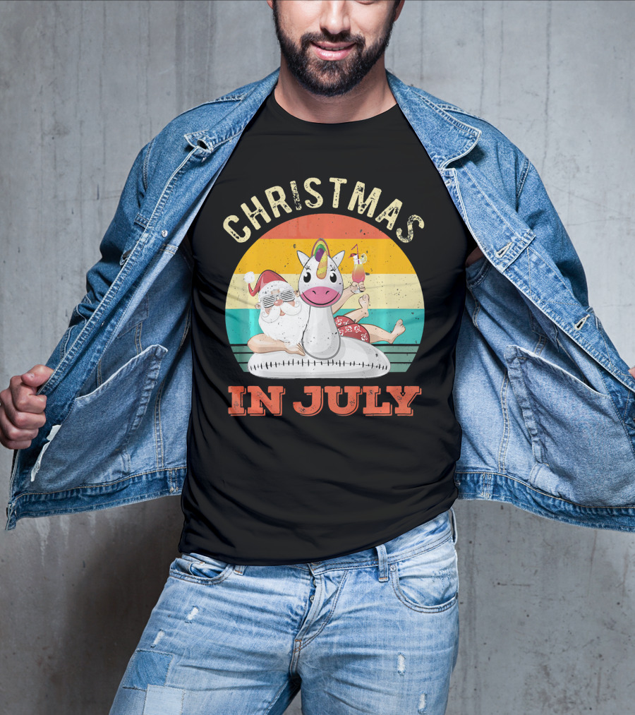 Christmas In July Vintage Santa With Inflatable Unicorn And Drink T-Shirt