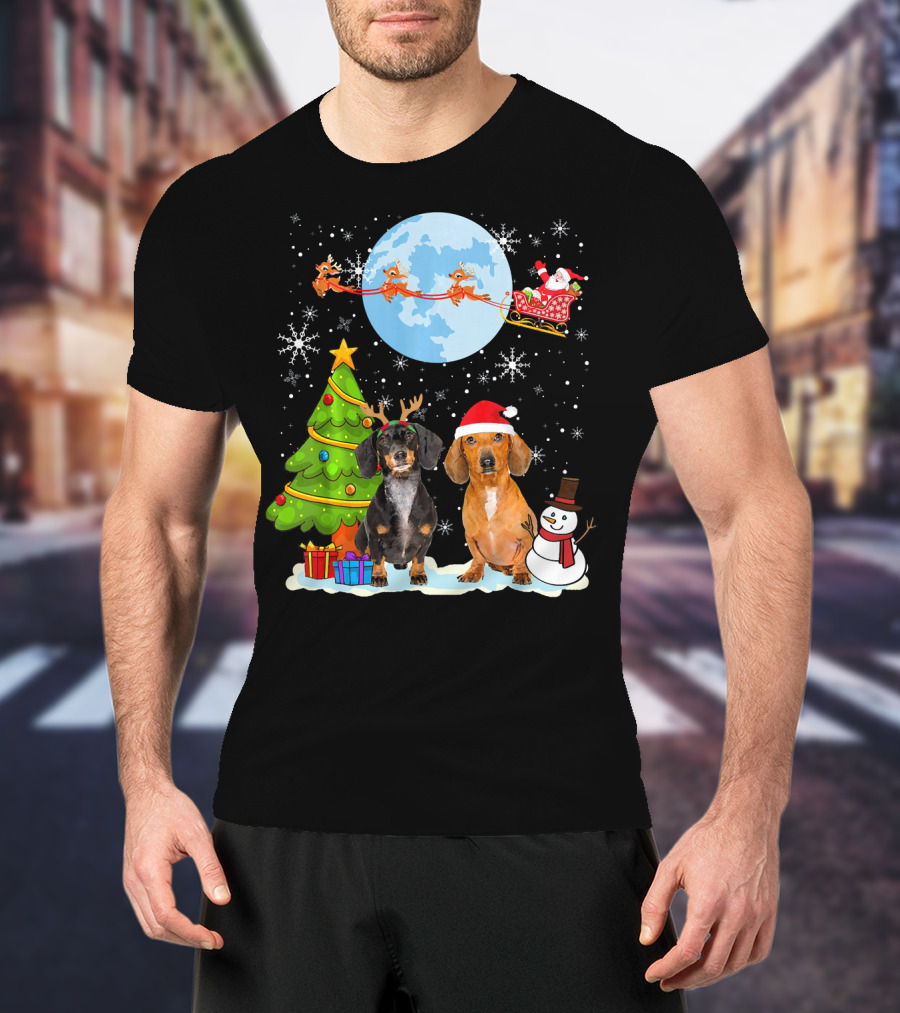 Funny Dachshund Christmas Santa Moon Reindeers Tree Snowman T-Shirt