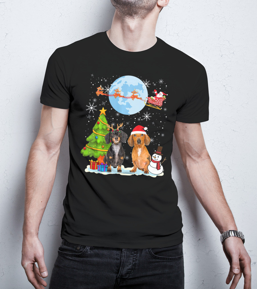 Funny Dachshund Christmas Santa Moon Reindeers Tree Snowman T-Shirt