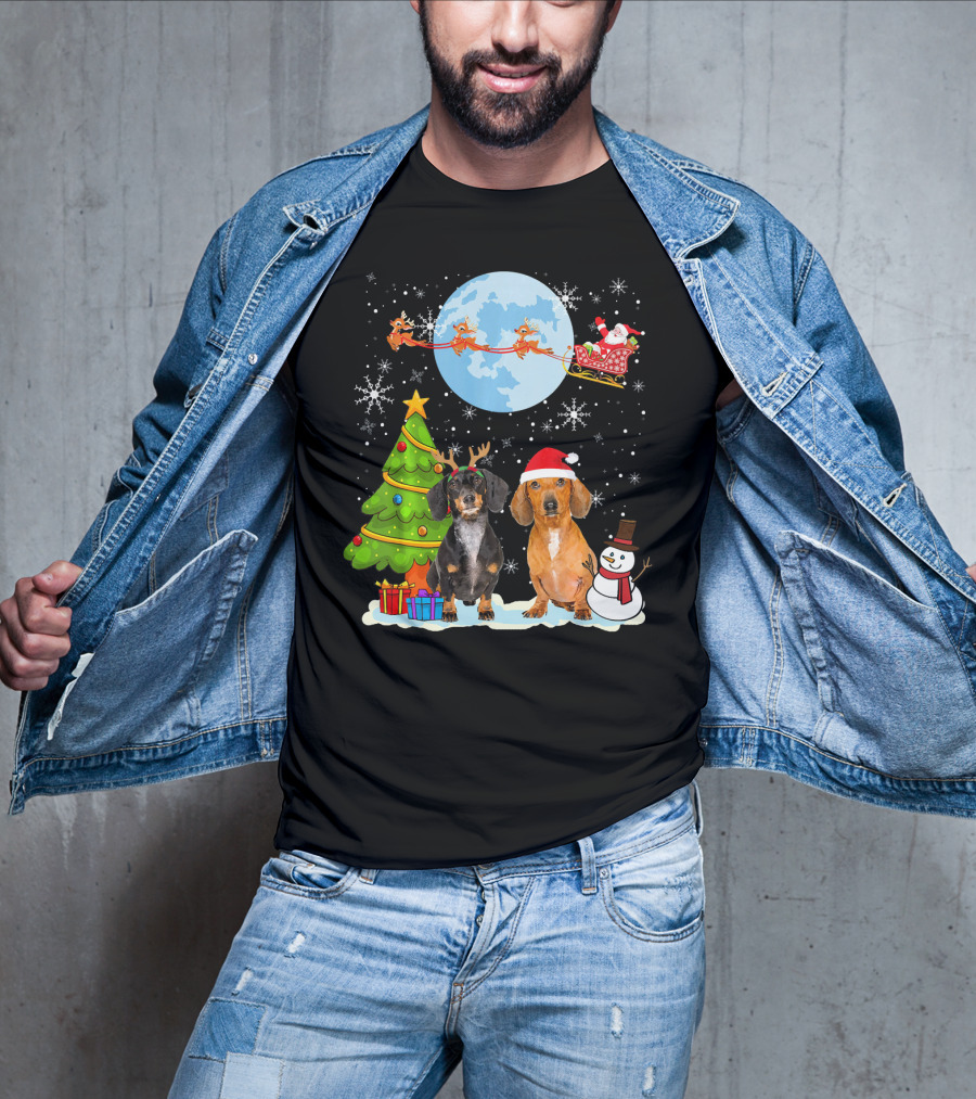 Funny Dachshund Christmas Santa Moon Reindeers Tree Snowman T-Shirt