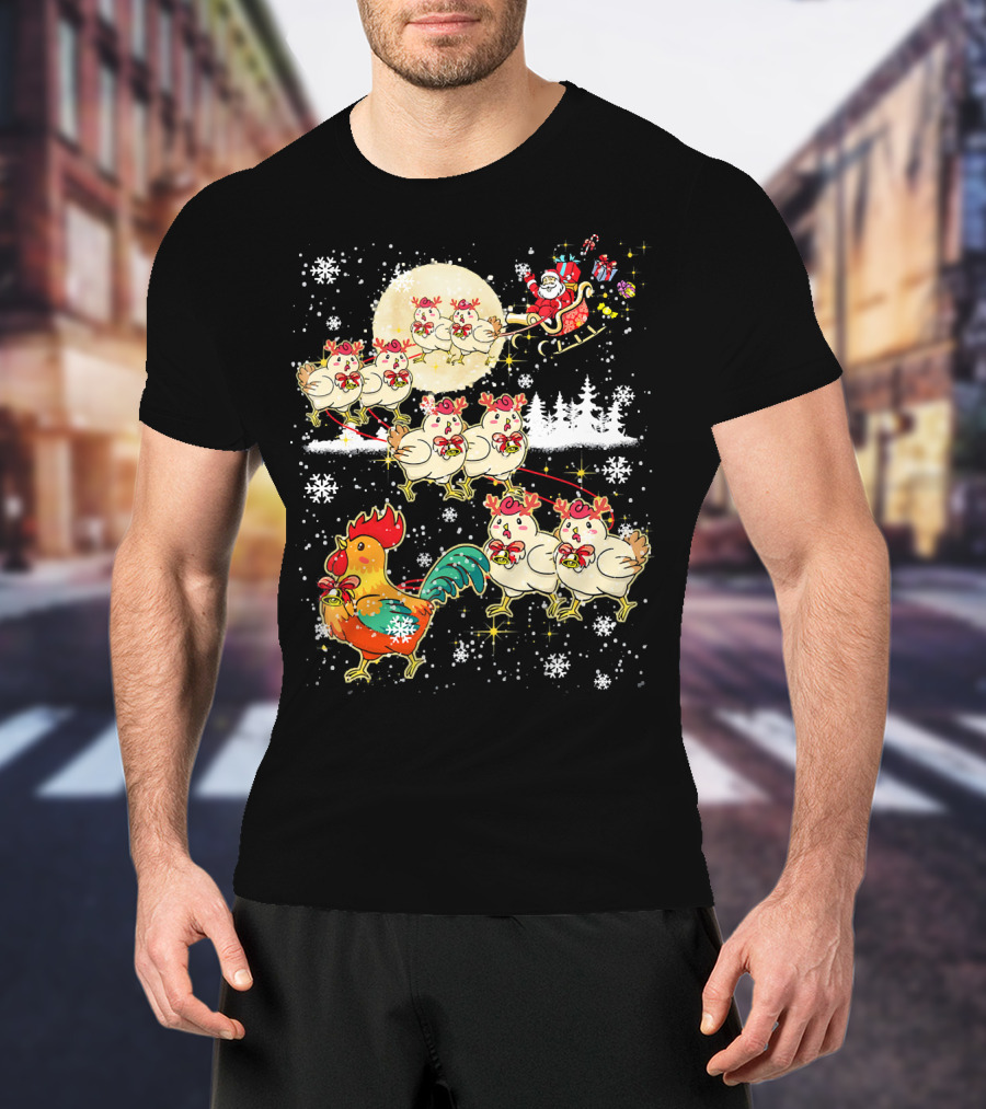 Chicken Reindeer Christmas Santa Sleigh With Snowflakes And Nice Chicken T-Shirt