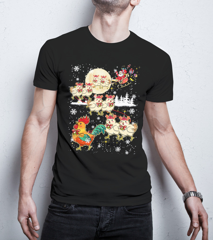Chicken Reindeer Christmas Santa Sleigh With Snowflakes And Nice Chicken T-Shirt