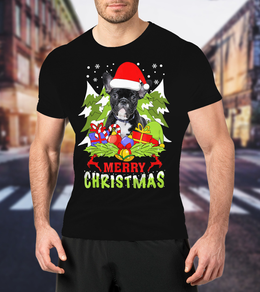 Merry Christmas French Bulldog Santa Hat Gifts Snowflakes T-Shirt