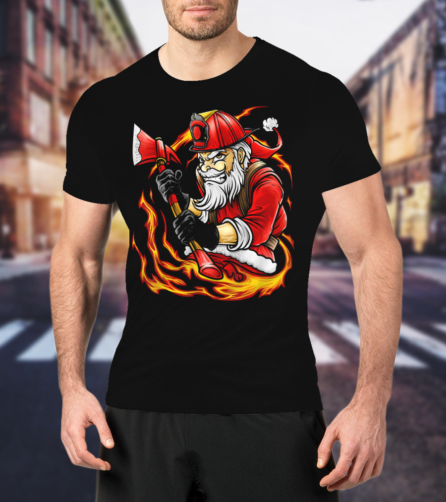 Firefighter Santa With Axe Surrounded By Flames T-Shirt