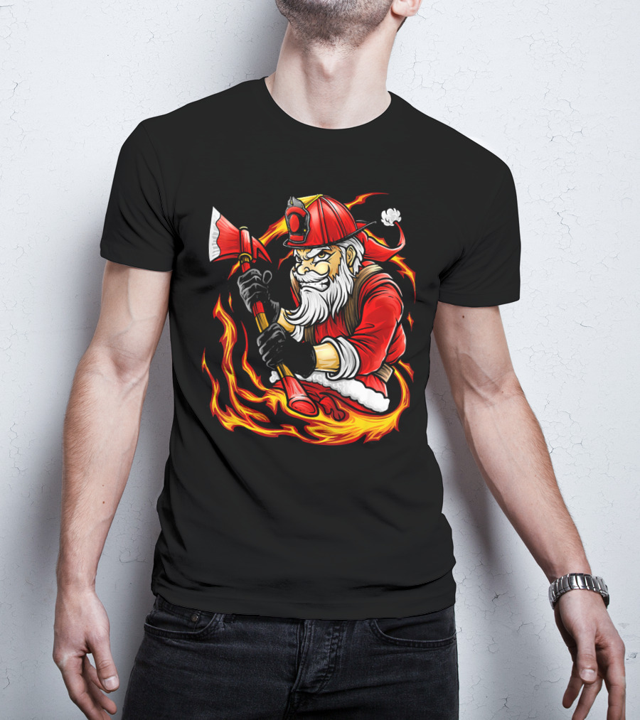 Firefighter Santa With Axe Surrounded By Flames T-Shirt