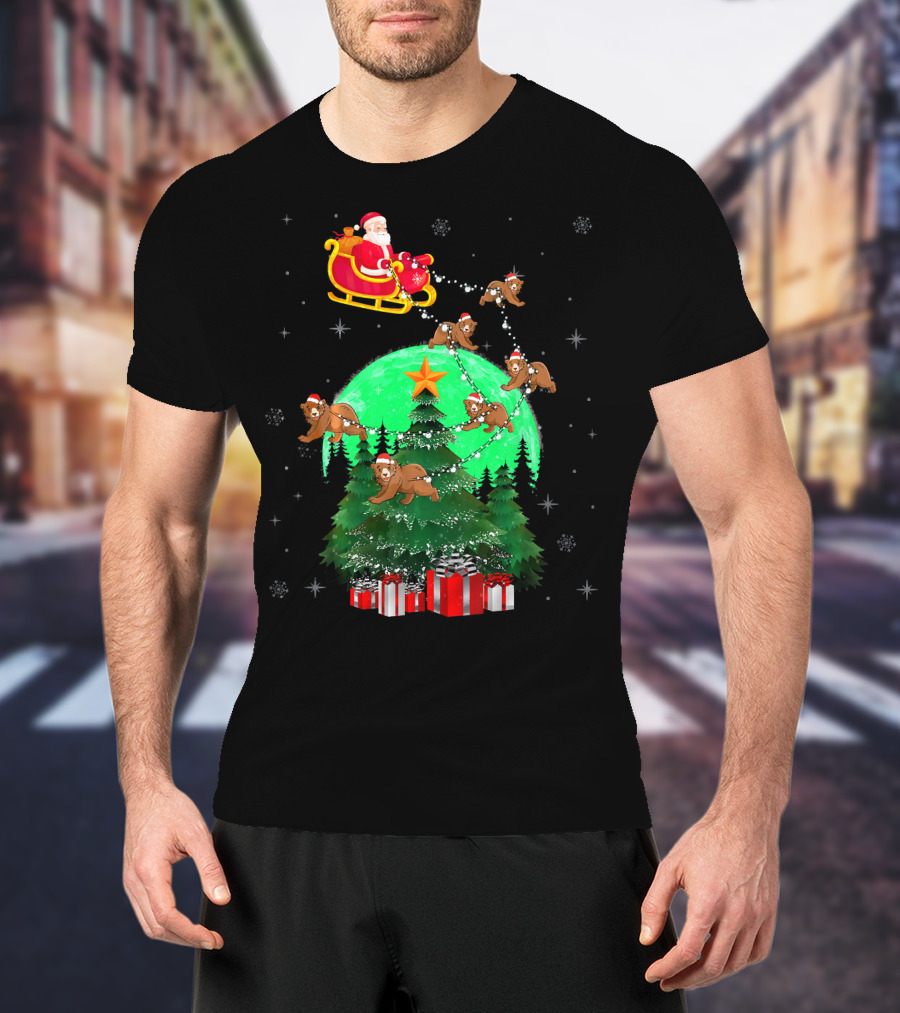 Santa Claus With Bears And Sleigh Over Christmas Tree And Presents T-Shirt