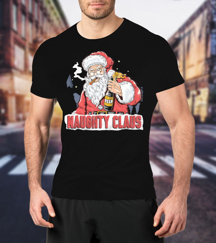 Naughty Claus Santa With Beer Funny Humor XMAS T-Shirt