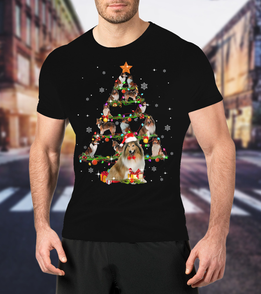 Rough Collie Christmas Tree With Santa Hat And Gifts T-Shirt