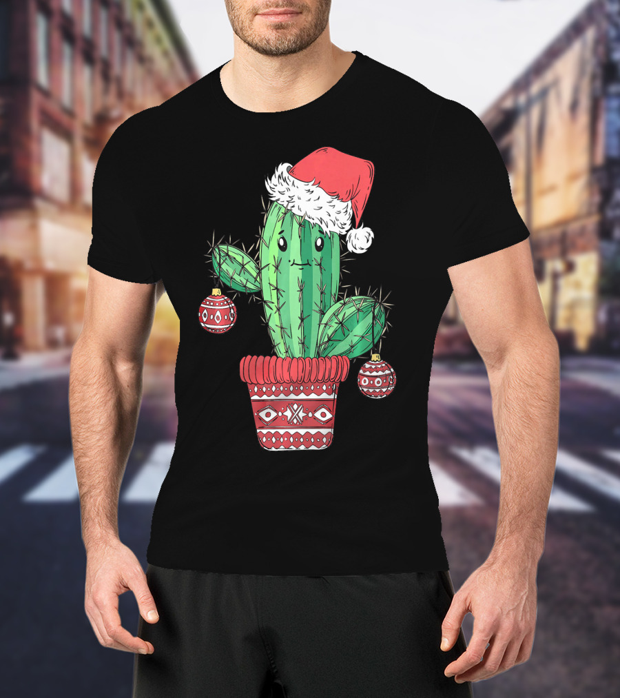 Cactus Christmas Tree Santa Hat Festive Ornaments T-Shirt