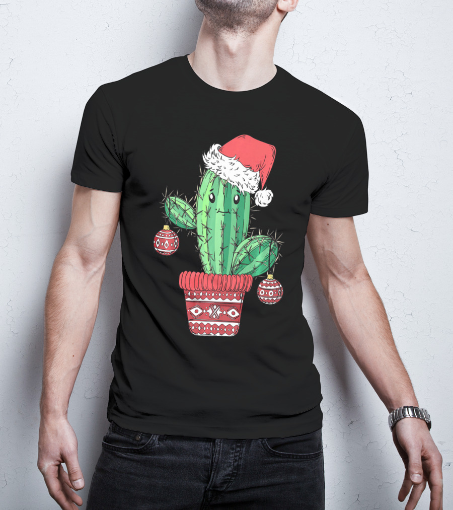 Cactus Christmas Tree Santa Hat Festive Ornaments T-Shirt