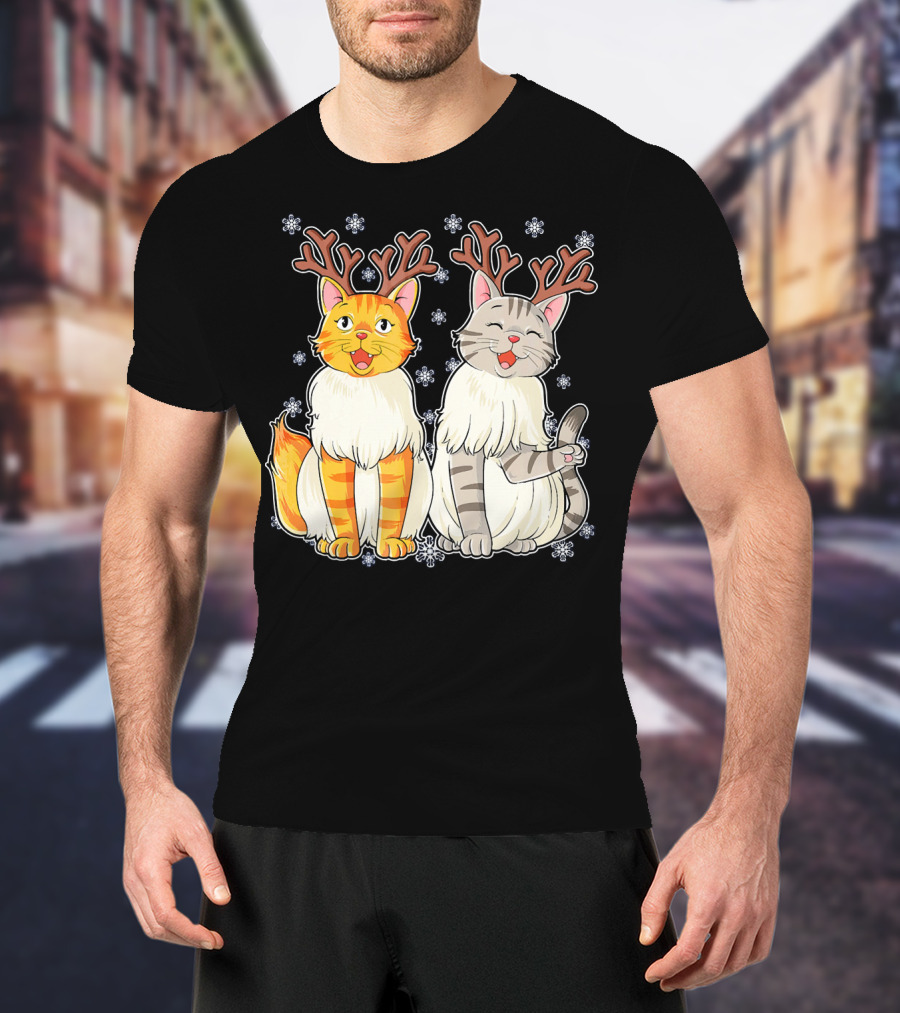 Funny Christmas Cat Reindeer With Snowflakes T-Shirt