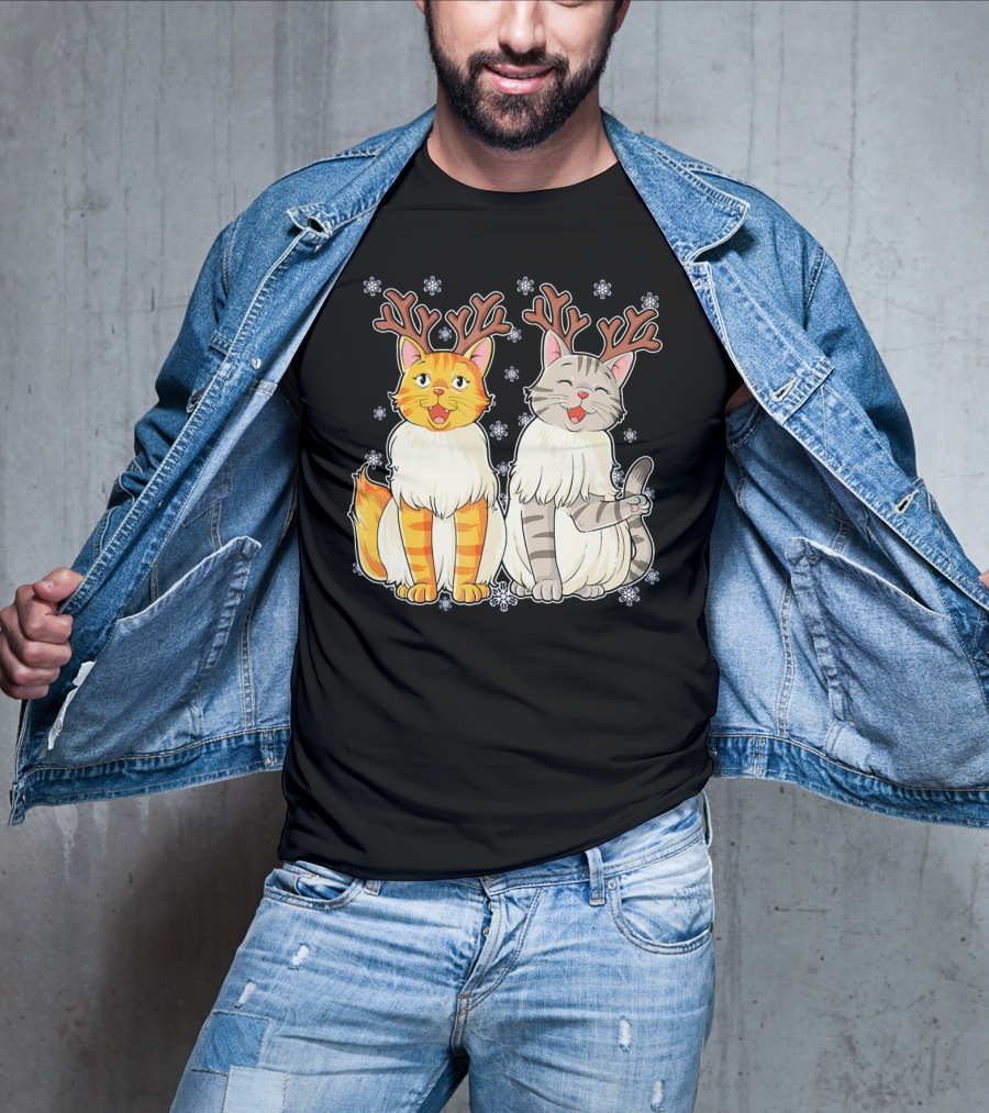 Funny Christmas Cat Reindeer With Snowflakes T-Shirt