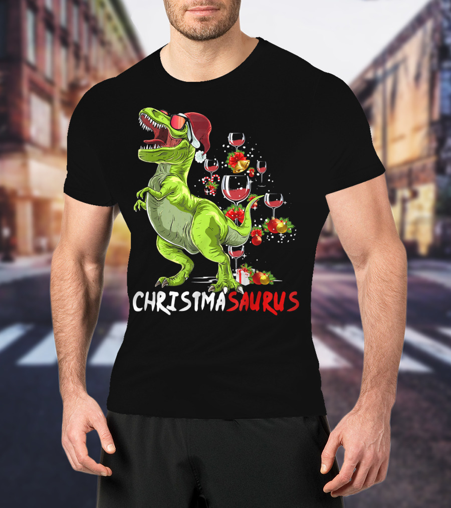 Christmasaurus T-Rex Santa Hat Wine Ornaments T-Shirt