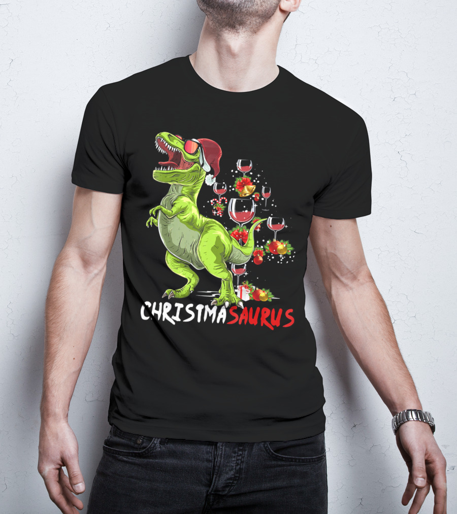 Christmasaurus T-Rex Santa Hat Wine Ornaments T-Shirt
