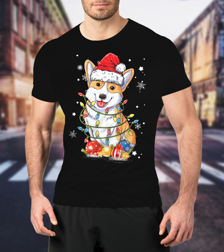 Merry Corgmas Xmas Tree Santa Corgi Wrapped In Christmas Lights And Ornaments T-Shirt