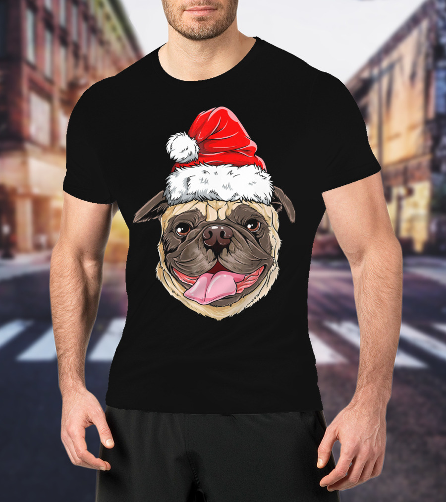 Pug Santa Christmas Hat Joyful Expression T-Shirt