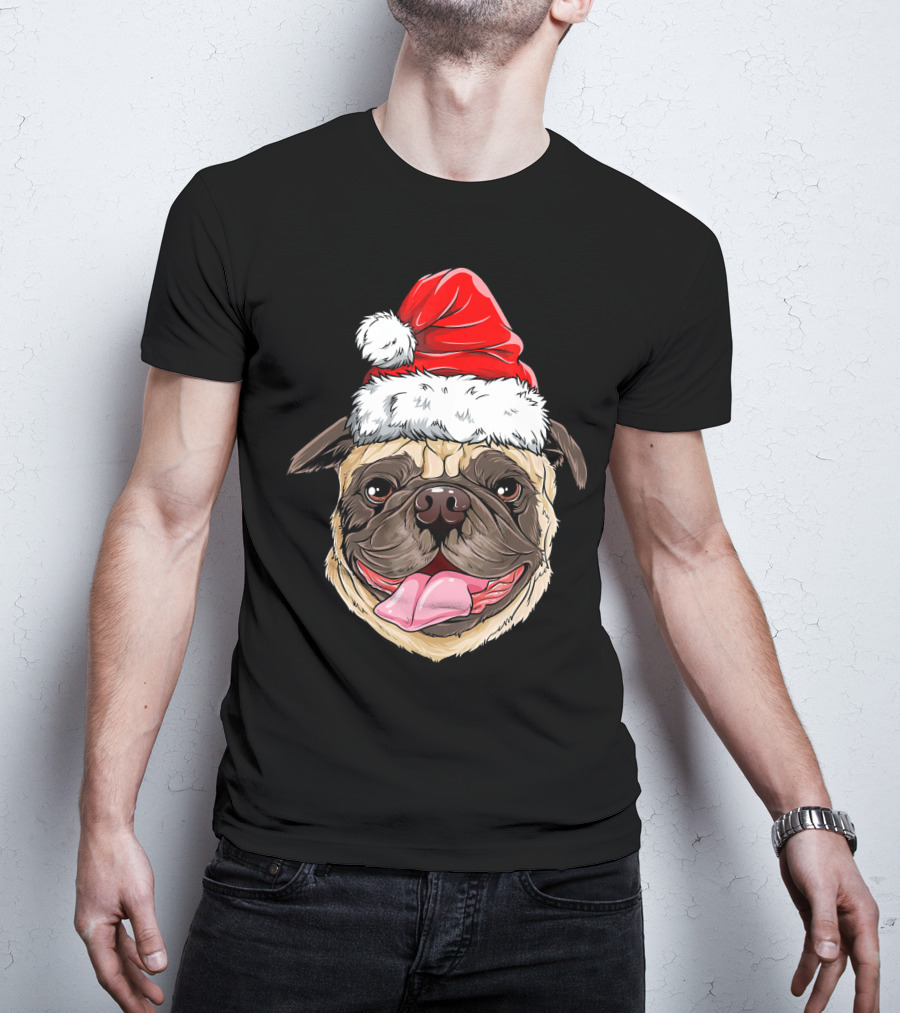 Pug Santa Christmas Hat Joyful Expression T-Shirt