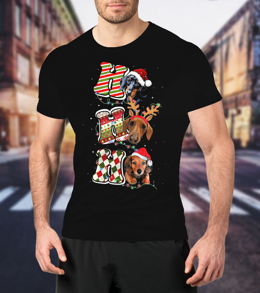 Dachshund Ho Ho Ho Christmas Reindeer Lights Santa Hat T-Shirt