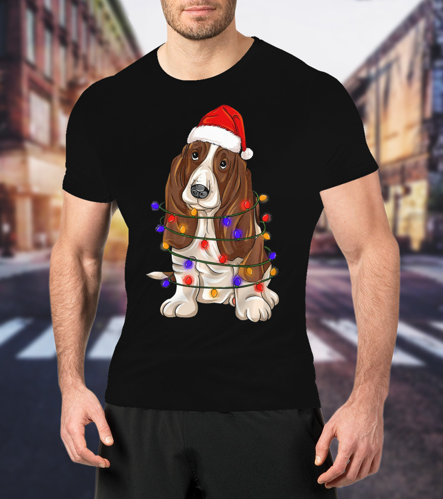 Basset Hound Santa Hat Wrapped In Christmas Lights T-Shirt