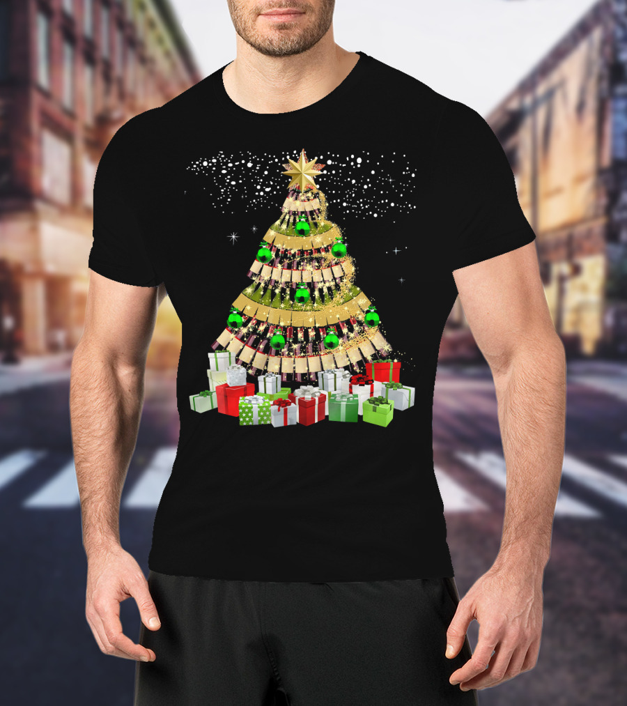 Wine Bottles Christmas Tree With Gifts Snowflakes And Ornaments T-Shirt