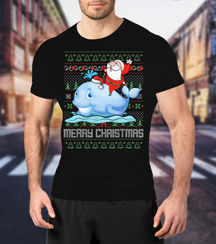 Merry Christmas Funny Santa Claus Riding Whale Holiday T-Shirt