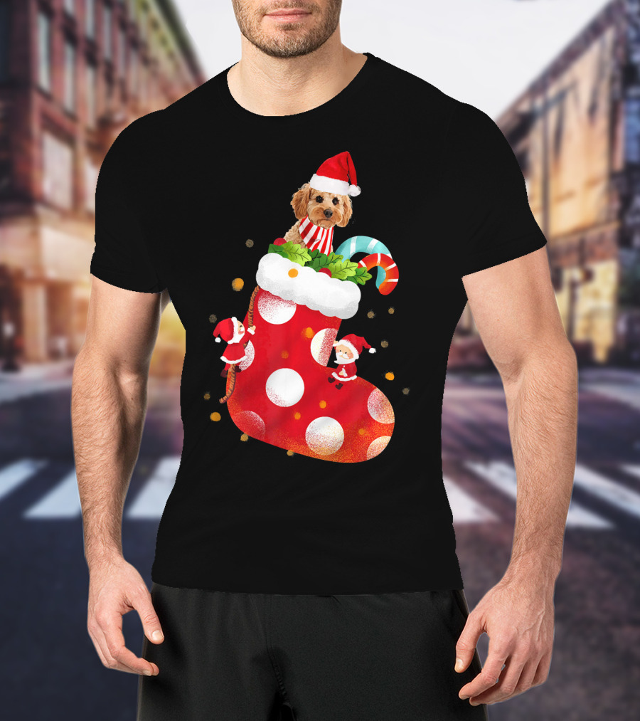 Christmas Cockapoo Dog In Santa Hat With Red Stocking And Candy Cane T-Shirt