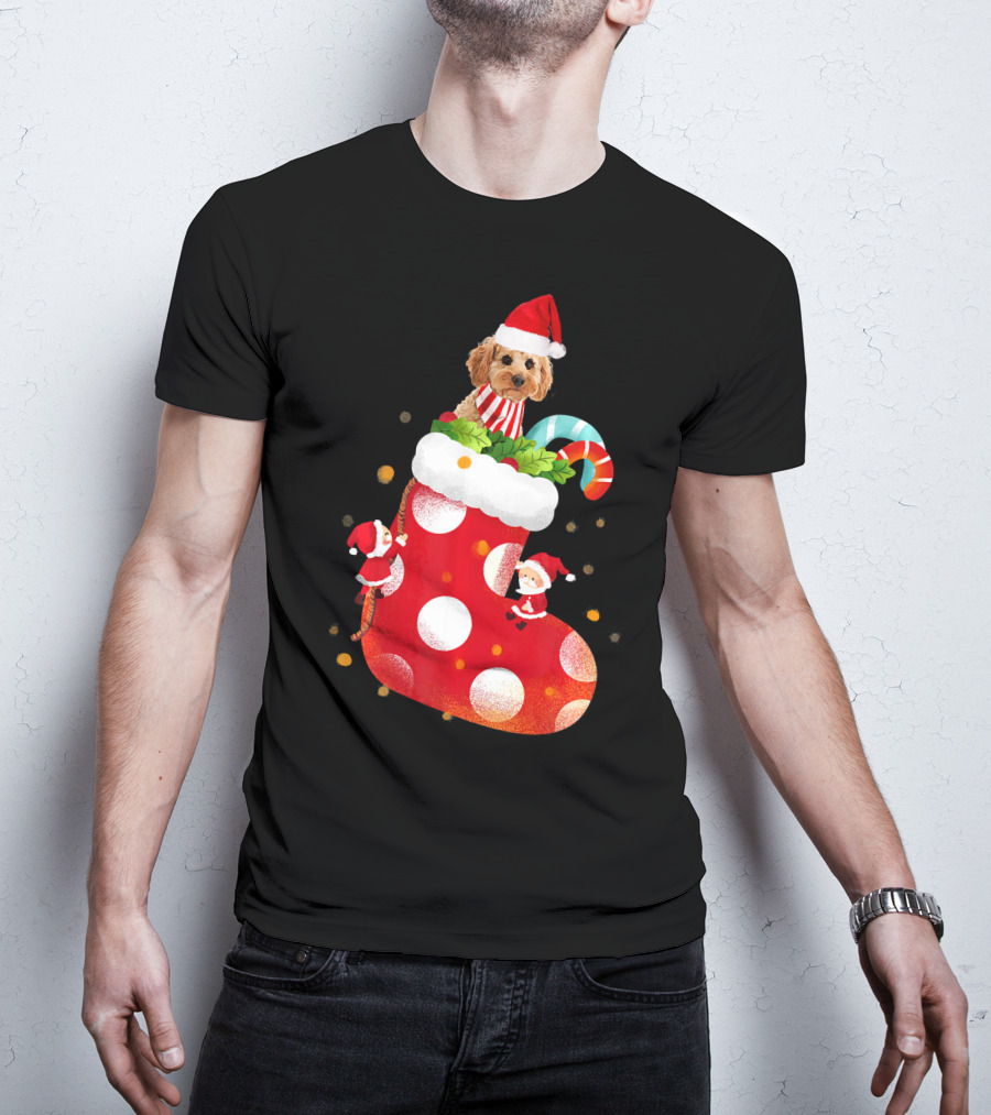 Christmas Cockapoo Dog In Santa Hat With Red Stocking And Candy Cane T-Shirt