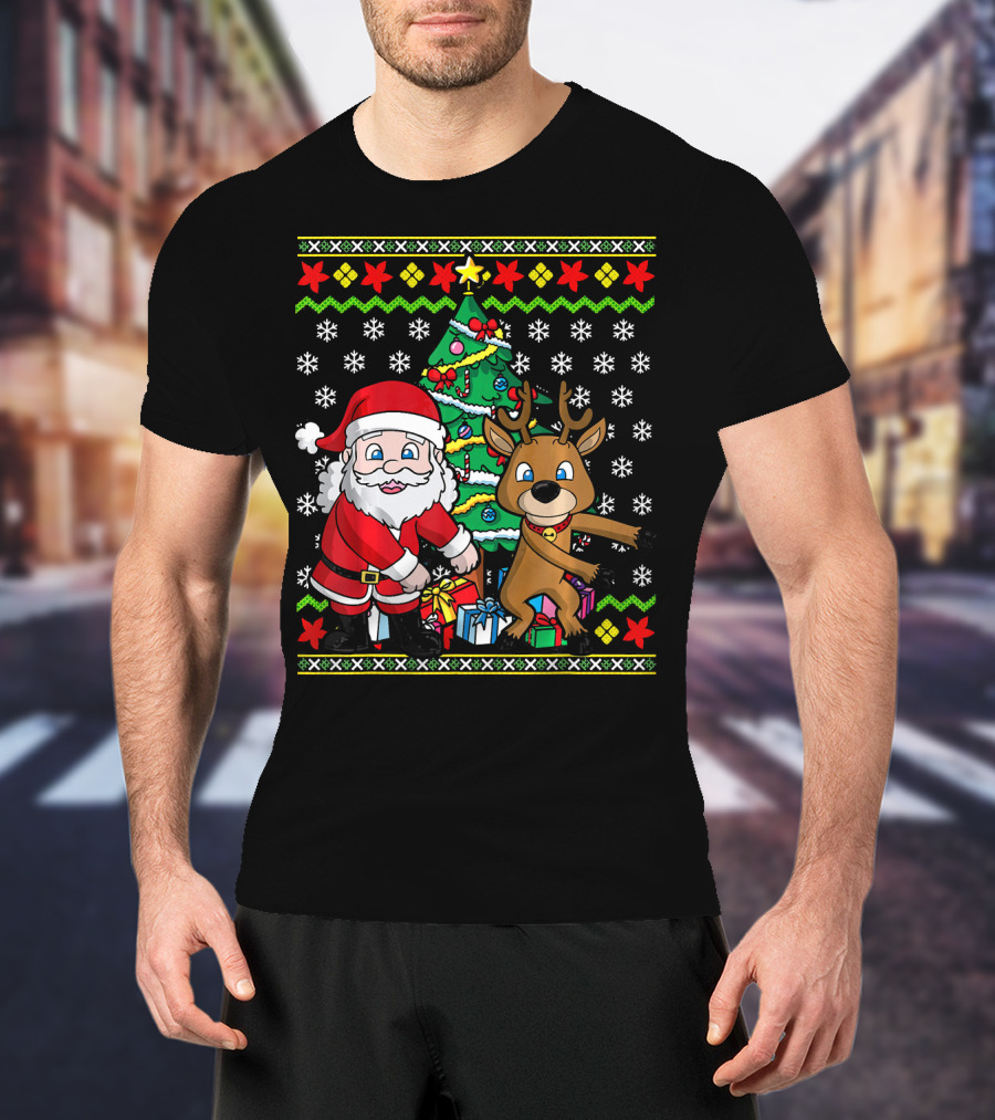 Ugly Christmas Kids Flossing Santa Reindeer Dance With Presents And Tree T-Shirt