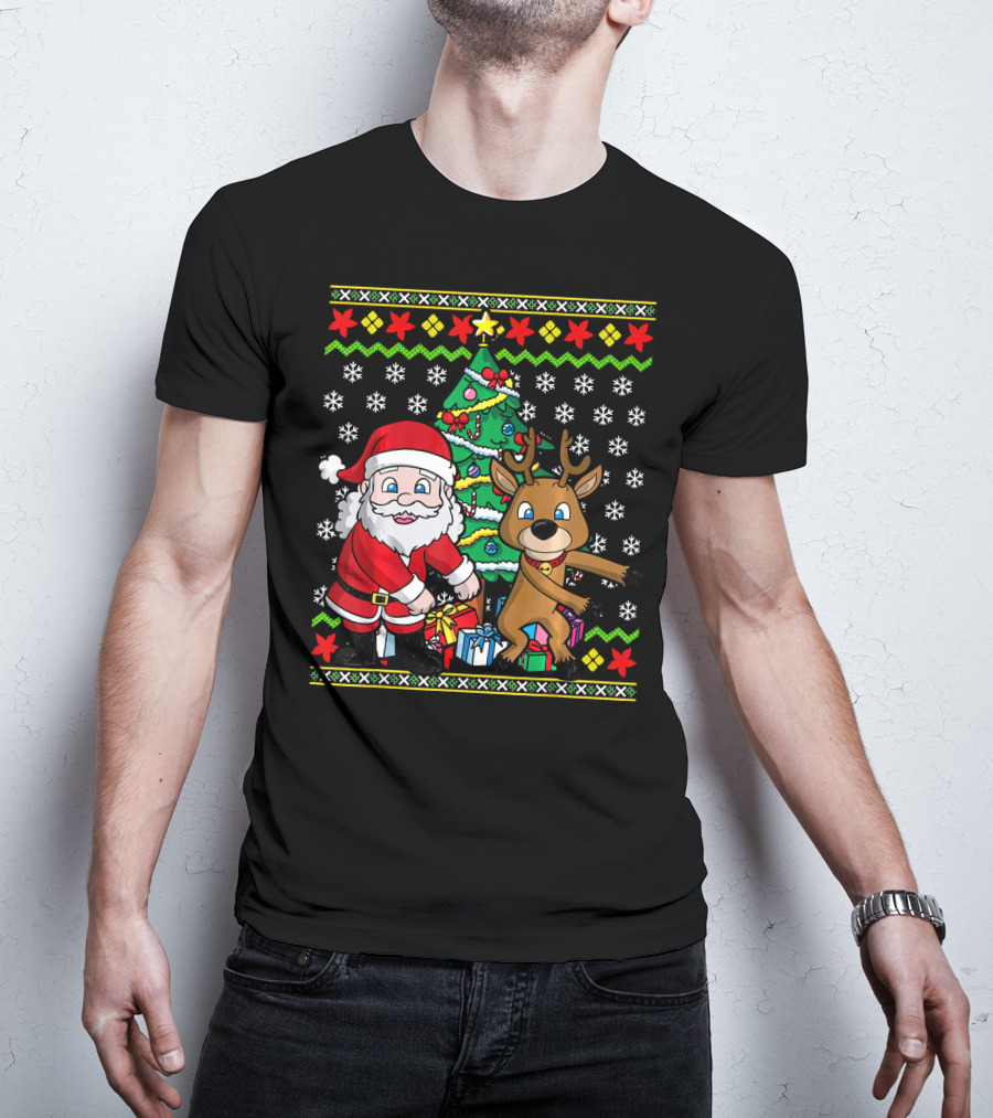 Ugly Christmas Kids Flossing Santa Reindeer Dance With Presents And Tree T-Shirt